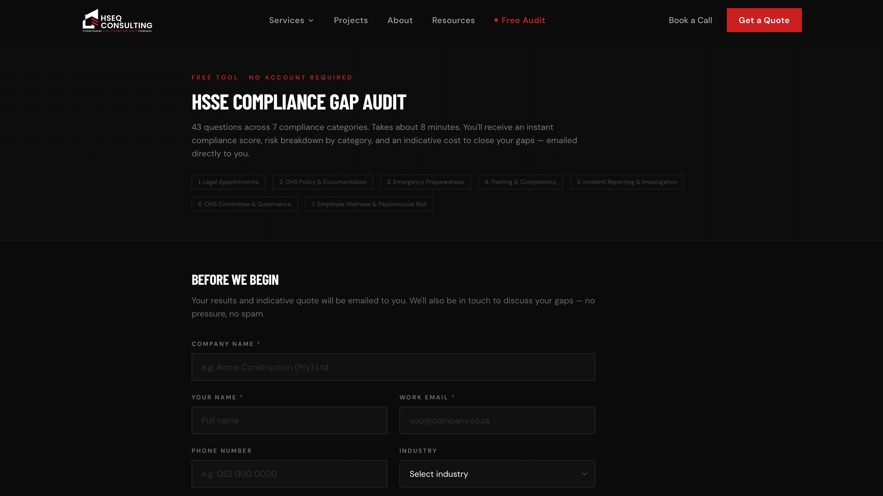 HSEQ HSSE Compliance Gap Audit tool — 43-question interactive form