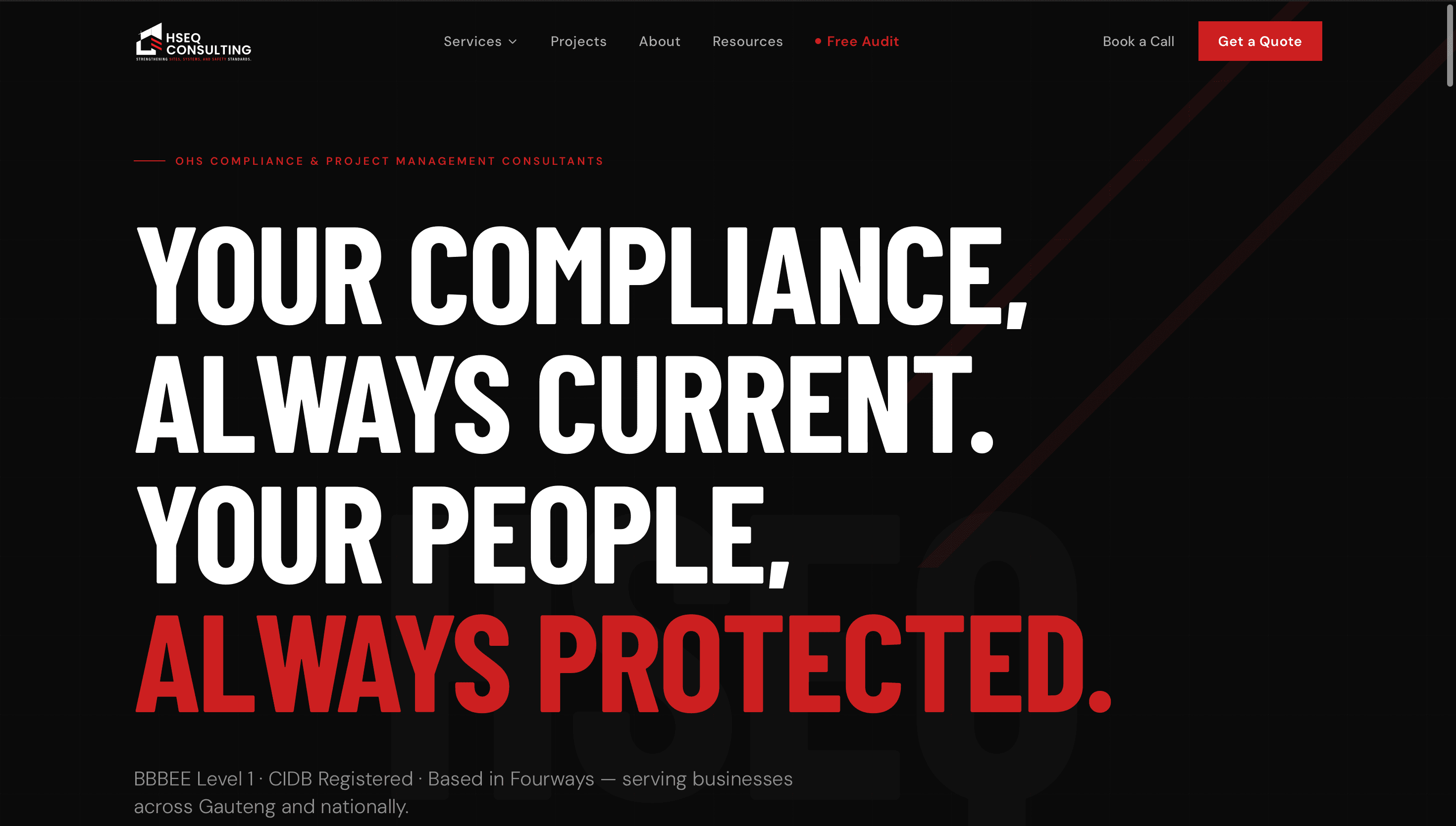 HSEQ Consulting website — bold black hero with oversized white and red typography
