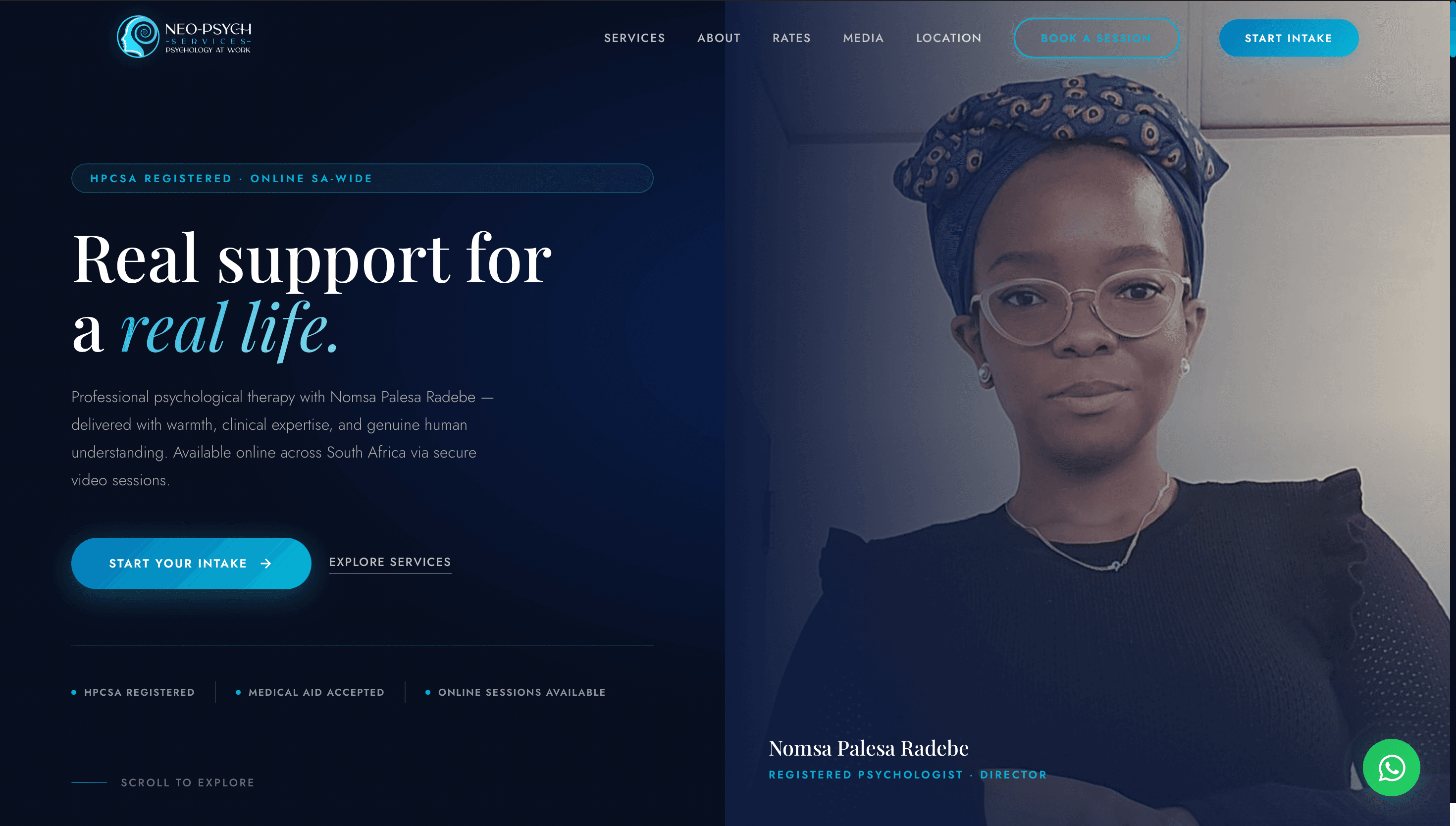 Neo-Psych Services website — deep navy split hero with teal accent
