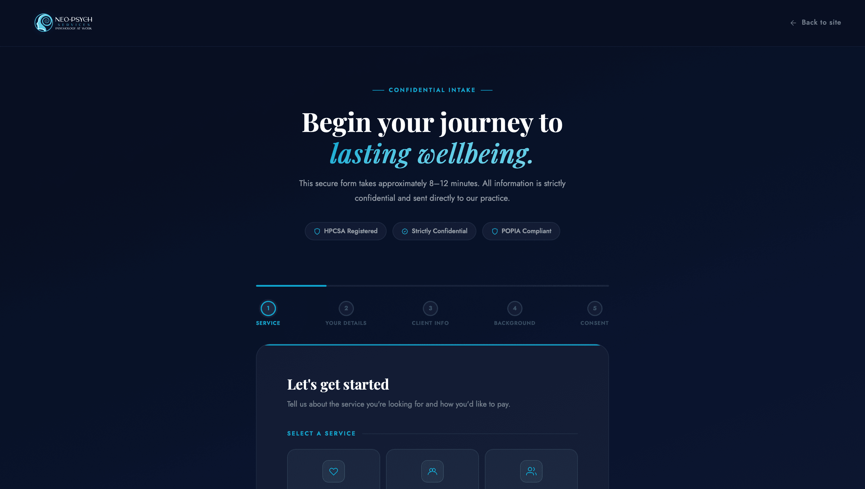 Neo-Psych 5-step confidential client intake system